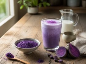 Poudre d’ube violette dans un bol avec une boisson latte en arrière-plan