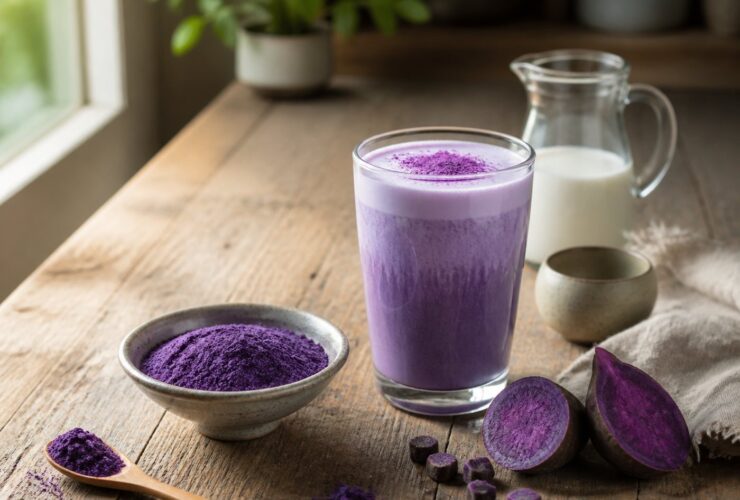 Poudre d’ube violette dans un bol avec une boisson latte en arrière-plan