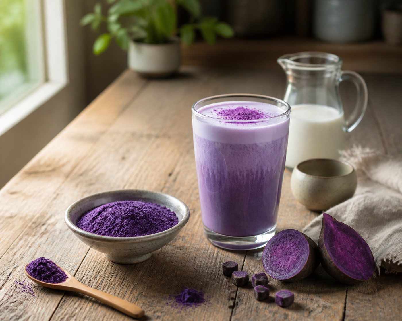 Poudre d’ube violette dans un bol avec une boisson latte en arrière-plan